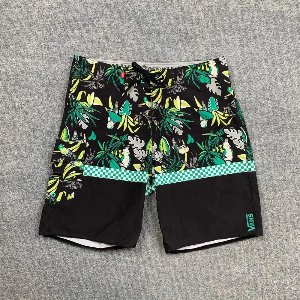 Vans Boardshorts Mens 34 Black Tropical Floral Checkerboard Beach Swim Surfing